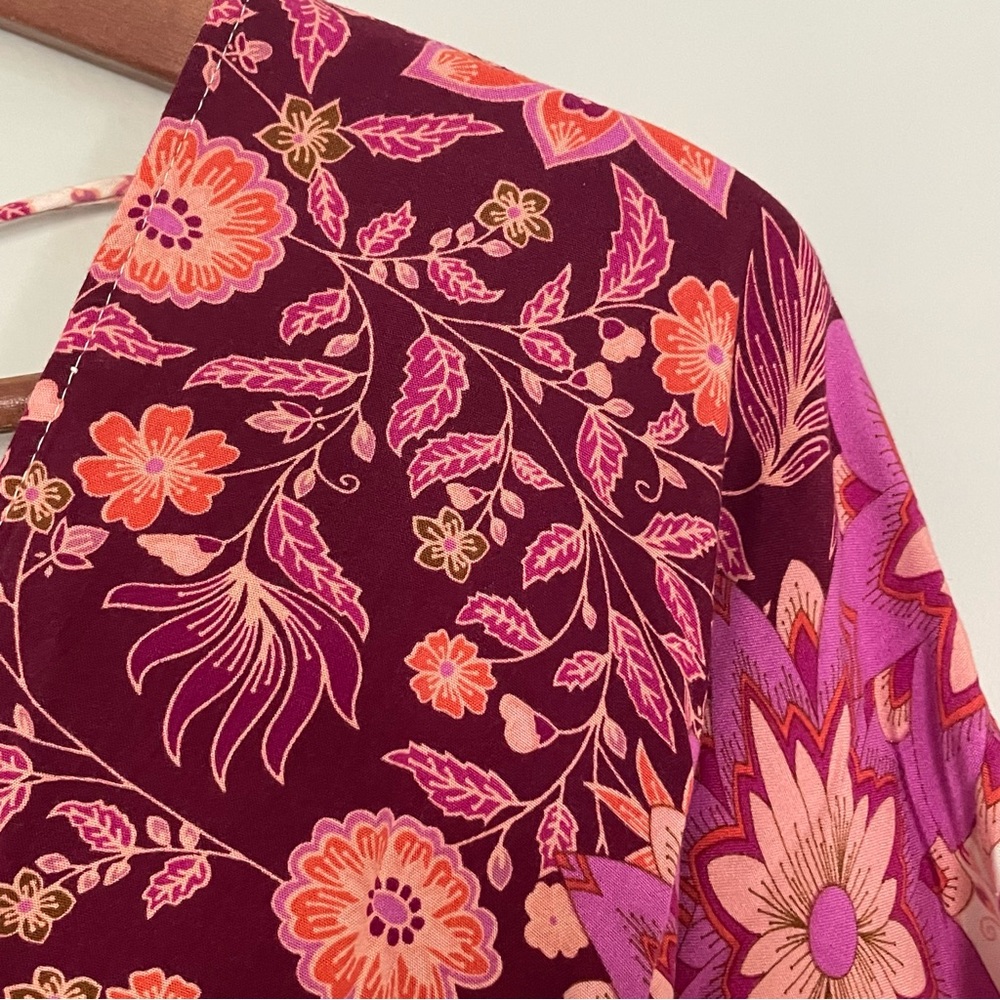 ANTHROPOLOGIE AAKAA Floral V-Neck Kimono Babydoll Mini Dress Pink Red Boho, M - Picture 7 of 17